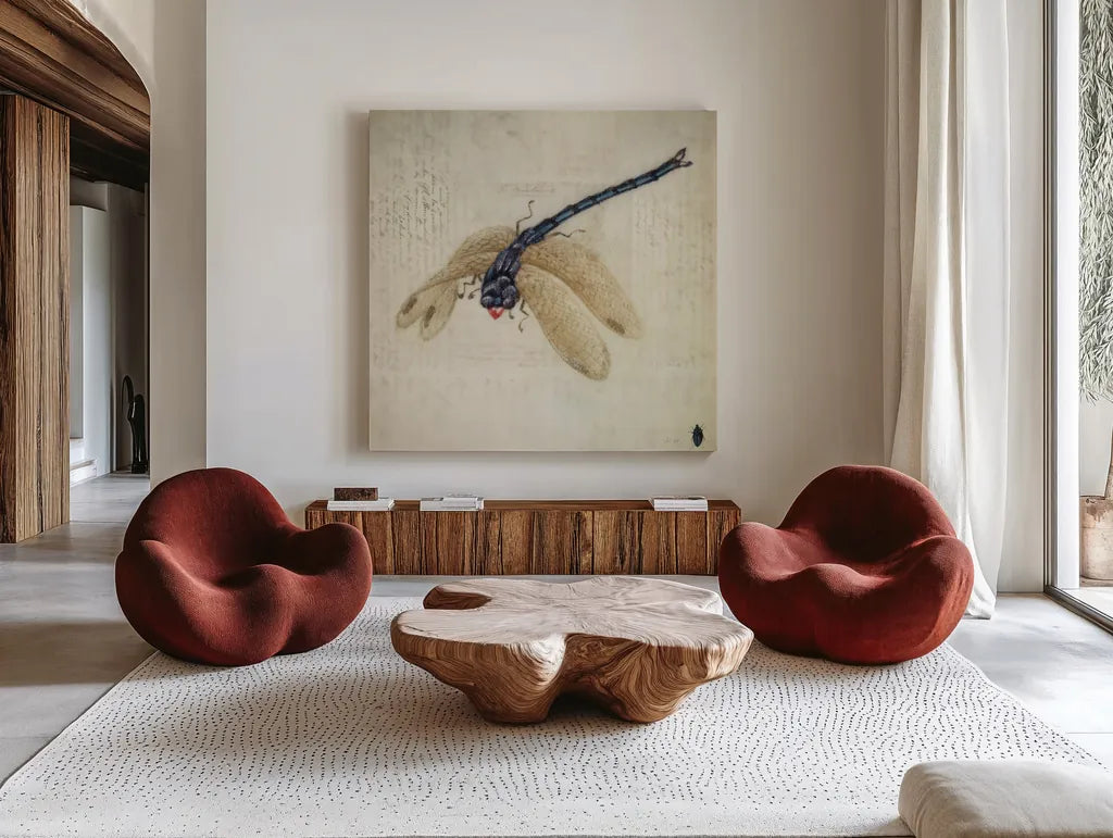 Vintage Dragonfly by Deborah Revell. Shown as extra-large giant wall art in a modern living room. Available as an archival giclee rolled canvas, fine art paper, or poster print. SKU 91135a.