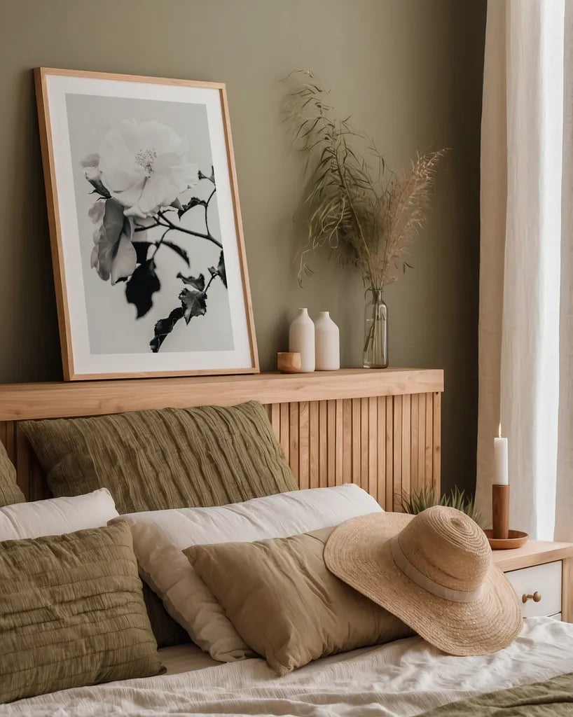 White Rose I BW by Deborah Revell. shown as a paper print in a natural frame. Available as a archival giclee rolled canvas, fine art paper, or poster print. SKU 92612h.