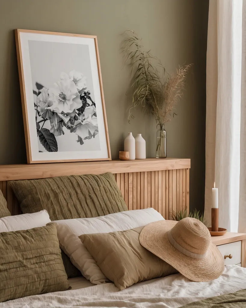 White Rose III BW by Deborah Revell. shown as a paper print in a natural frame. Available as a archival giclee rolled canvas, fine art paper, or poster print. SKU 92614h.