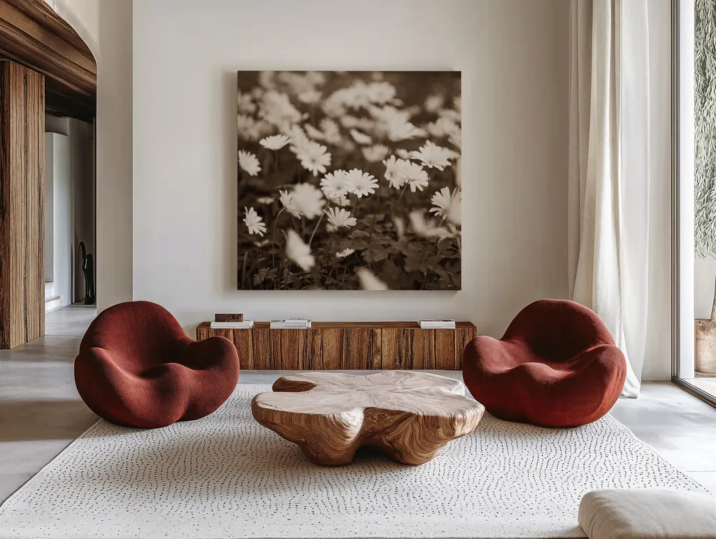 Wild Daisies by Deborah Revell. Shown as extra-large giant wall art in a modern living room. Available as an archival giclee rolled canvas, fine art paper, or poster print. SKU 96826a.