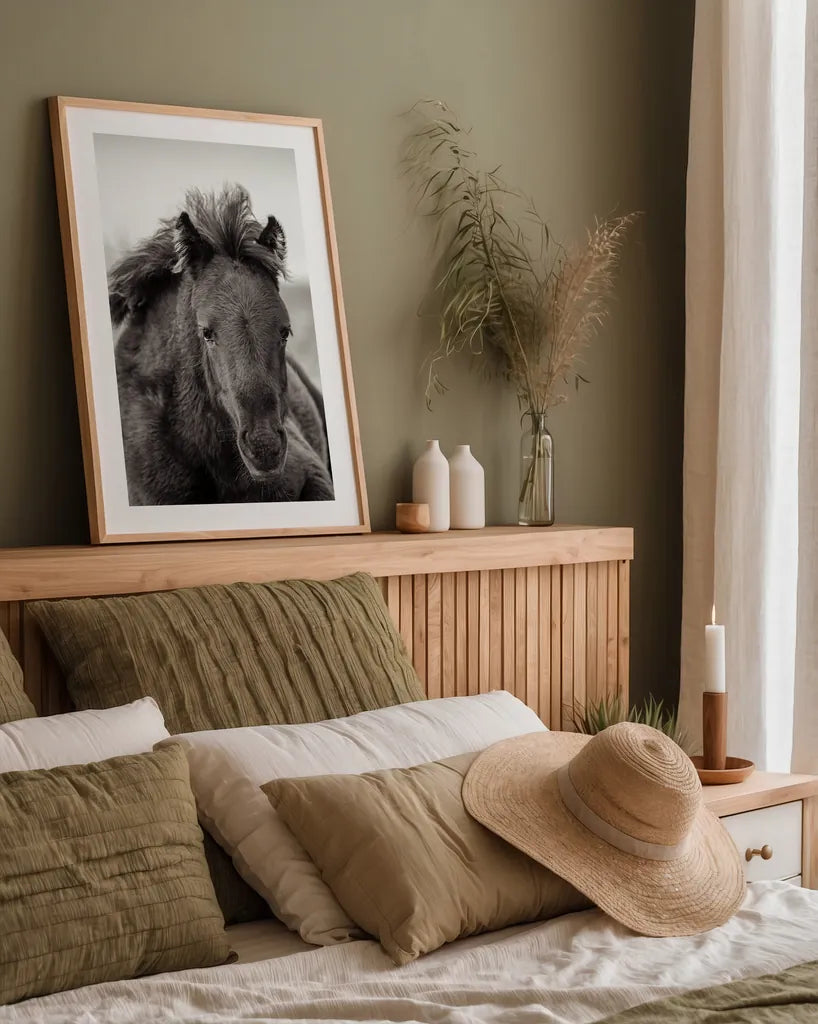 Wild Foal by Deborah Revell. shown as a paper print in a natural frame. Available as a archival giclee rolled canvas, fine art paper, or poster print. SKU 94290h.