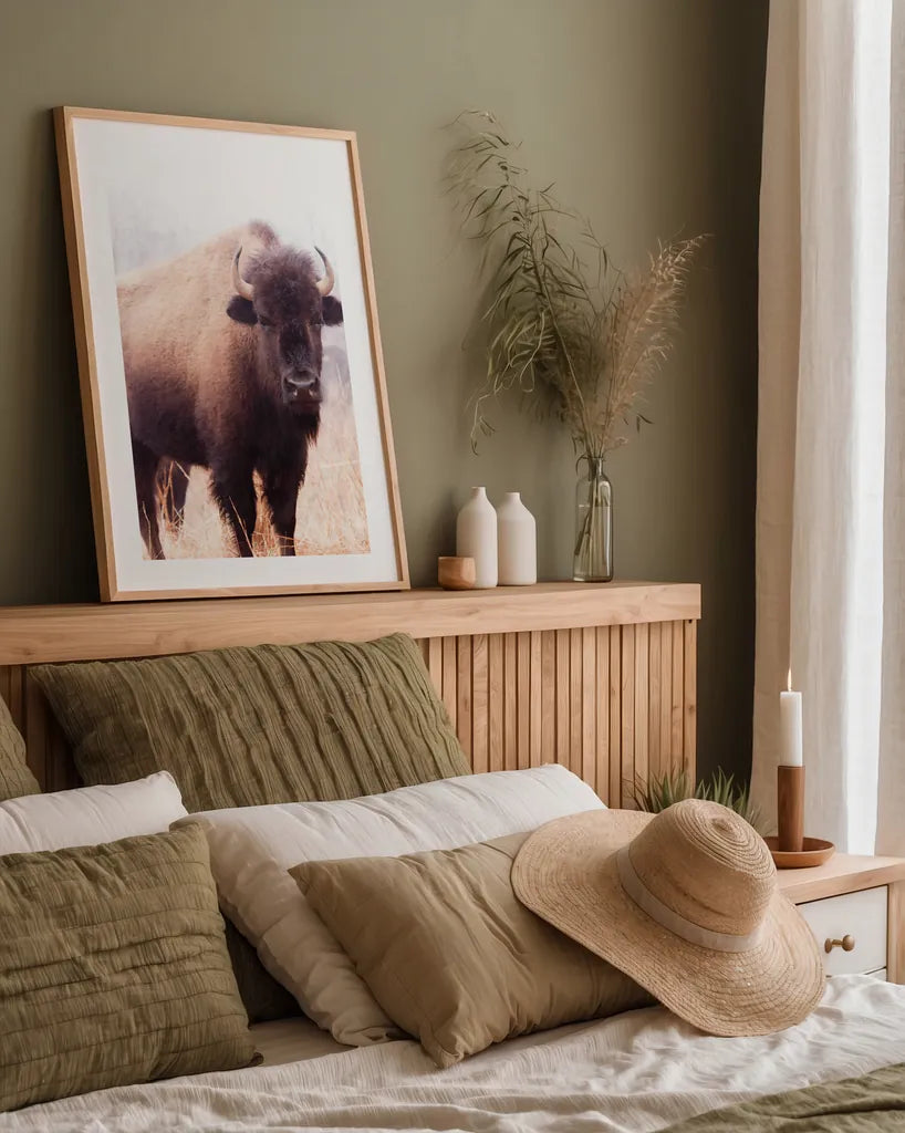 American Bison V by Debra Van Swearingen. shown as a paper print in a natural frame. Available as a archival giclee rolled canvas, fine art paper, or poster print. SKU 71674h.