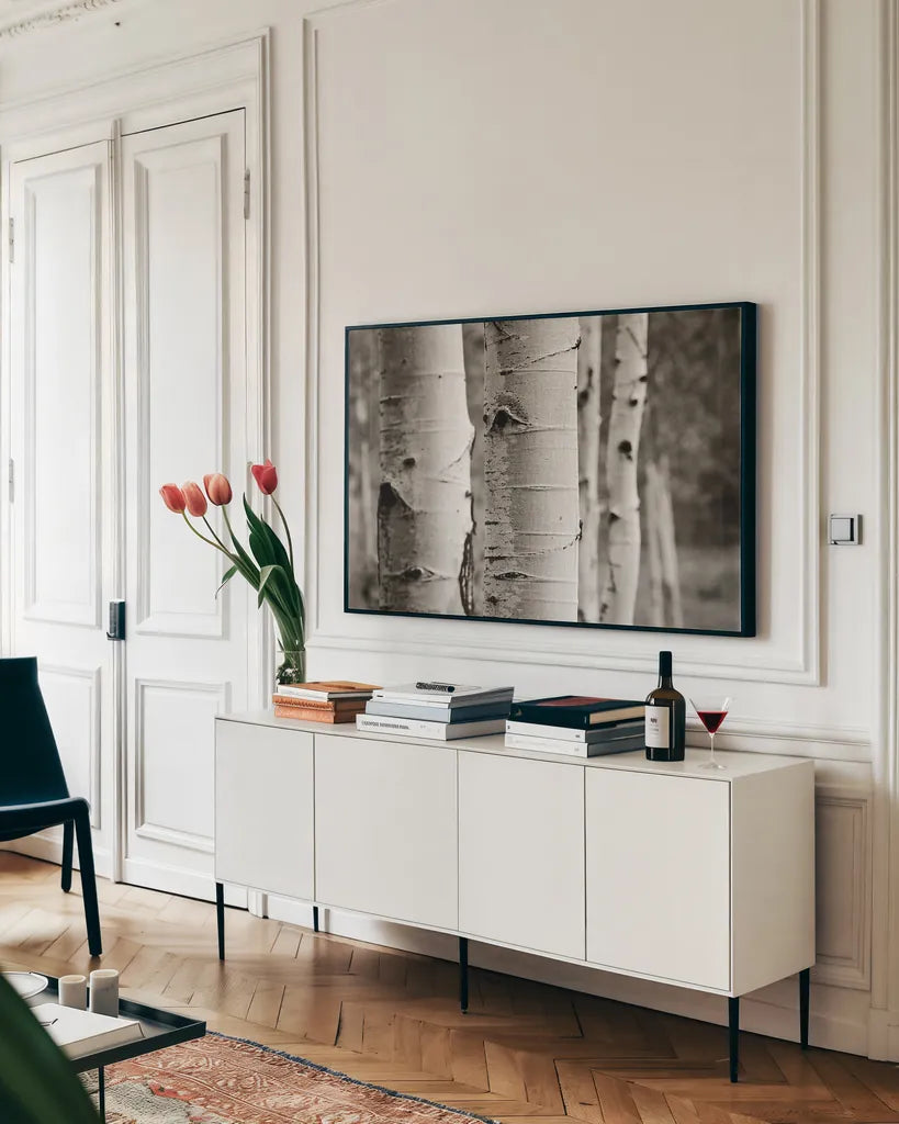 Aspens III by Debra Van Swearingen. shown as a framed stretched canvas in a living room above a console. Available as a archival giclee rolled canvas, fine art paper, or poster print. SKU 23507i.