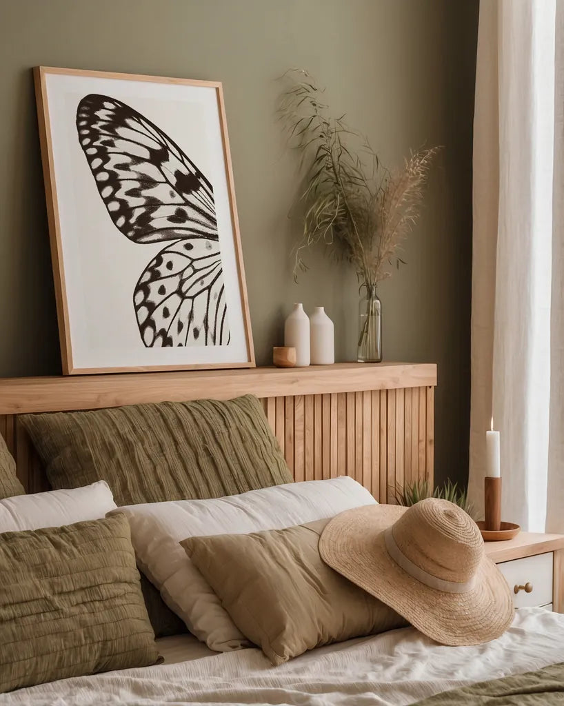 Butterfly V BW on White Crop I by Debra Van Swearingen. shown as a paper print in a natural frame. Available as a archival giclee rolled canvas, fine art paper, or poster print. SKU 92208h.