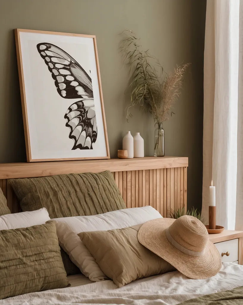 Butterfly VI BW on White Crop I by Debra Van Swearingen. shown as a paper print in a natural frame. Available as a archival giclee rolled canvas, fine art paper, or poster print. SKU 92210h.