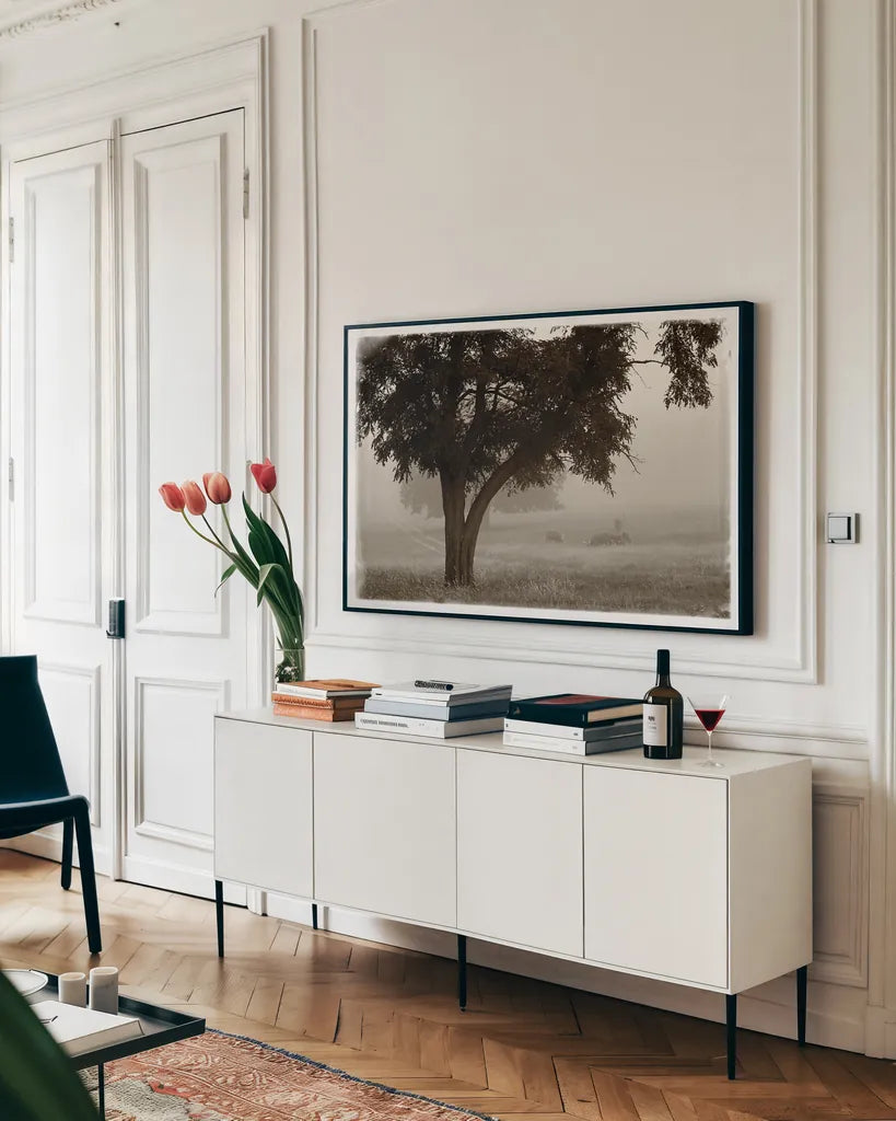 Calm Mist by Debra Van Swearingen. shown as a framed stretched canvas in a living room above a console. Available as a archival giclee rolled canvas, fine art paper, or poster print. SKU 23491i.