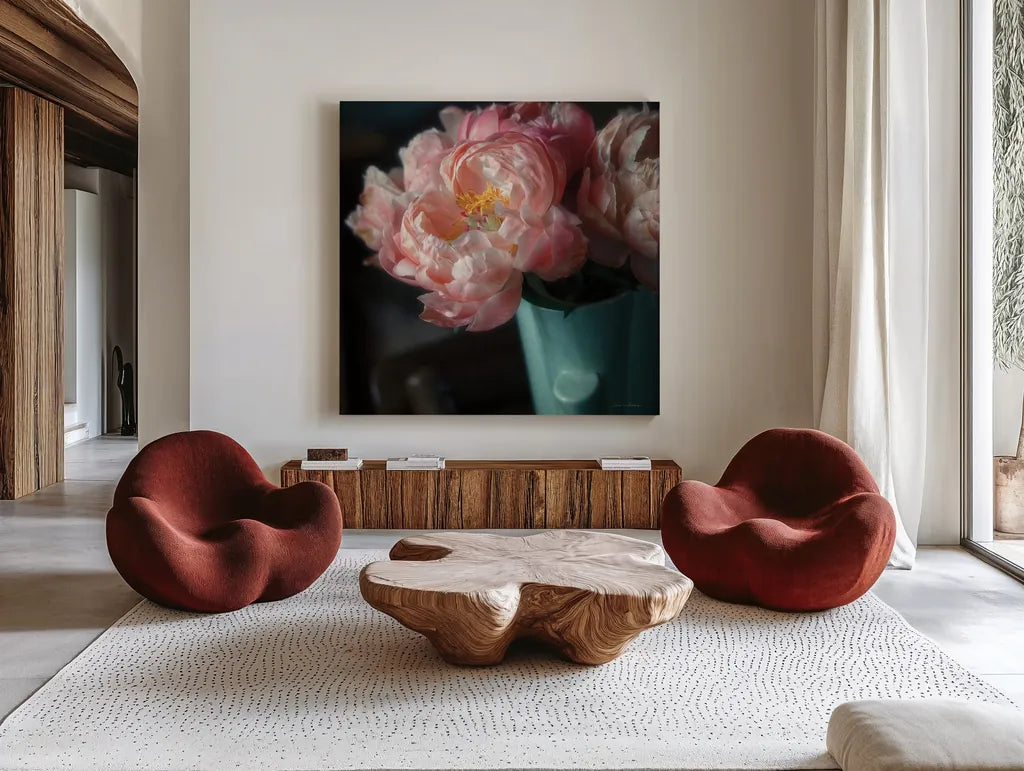 Coral Peonies I by Debra Van Swearingen. Shown as extra-large giant wall art in a modern living room. Available as an archival giclee rolled canvas, fine art paper, or poster print. SKU 86250a.