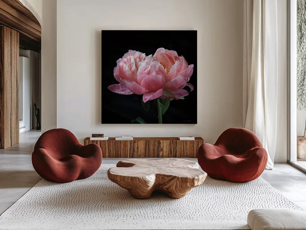Coral Peonies IV by Debra Van Swearingen. Shown as extra-large giant wall art in a modern living room. Available as an archival giclee rolled canvas, fine art paper, or poster print. SKU 86253a.