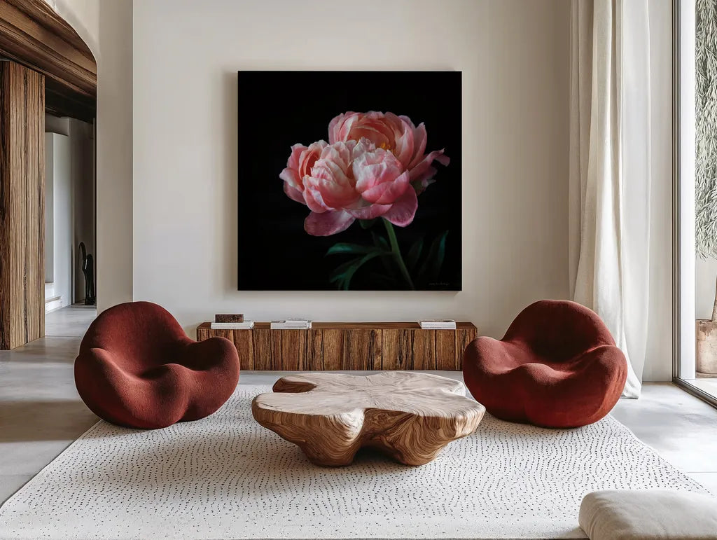 Coral Peonies V by Debra Van Swearingen. Shown as extra-large giant wall art in a modern living room. Available as an archival giclee rolled canvas, fine art paper, or poster print. SKU 86254a.