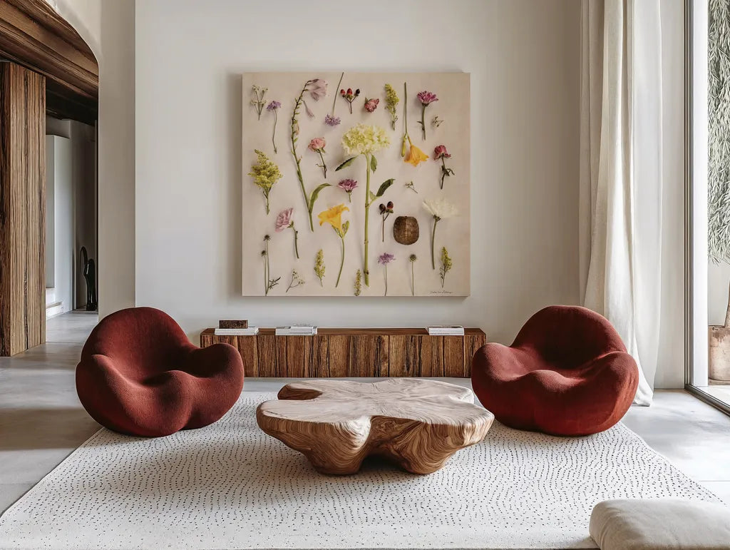 Cottage Flora II by Debra Van Swearingen. Shown as extra-large giant wall art in a modern living room. Available as an archival giclee rolled canvas, fine art paper, or poster print. SKU 86784a.