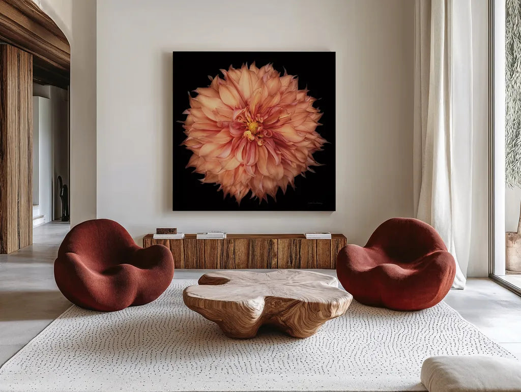 Dahlia I by Debra Van Swearingen. Shown as extra-large giant wall art in a modern living room. Available as an archival giclee rolled canvas, fine art paper, or poster print. SKU 89716a.