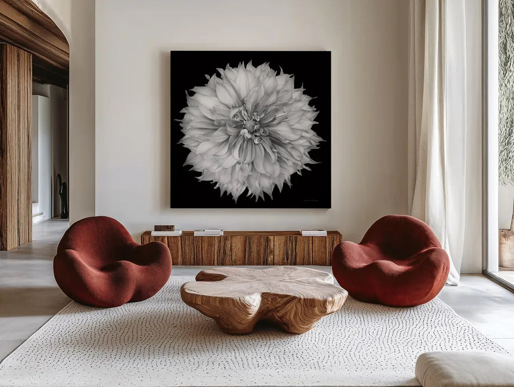 Dahlia I BW by Debra Van Swearingen. Shown as extra-large giant wall art in a modern living room. Available as an archival giclee rolled canvas, fine art paper, or poster print. SKU 89722a.