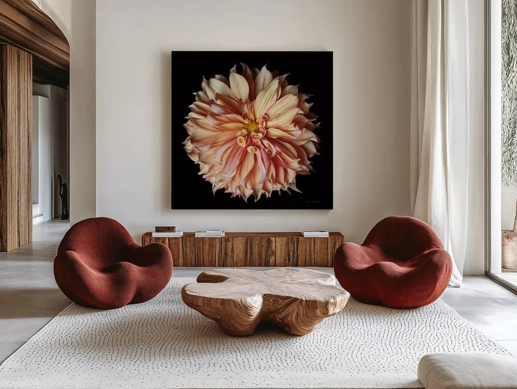 Dahlia II by Debra Van Swearingen. Shown as extra-large giant wall art in a modern living room. Available as an archival giclee rolled canvas, fine art paper, or poster print. SKU 89717a.