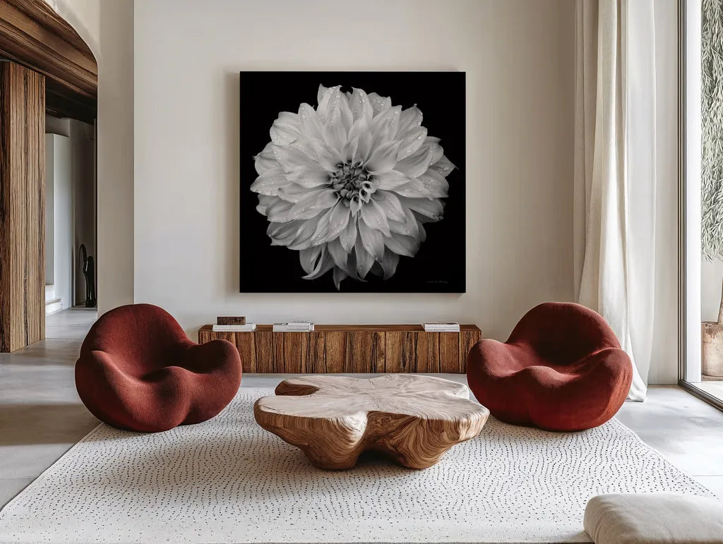 Dahlia IV BW by Debra Van Swearingen. Shown as extra-large giant wall art in a modern living room. Available as an archival giclee rolled canvas, fine art paper, or poster print. SKU 89725a.