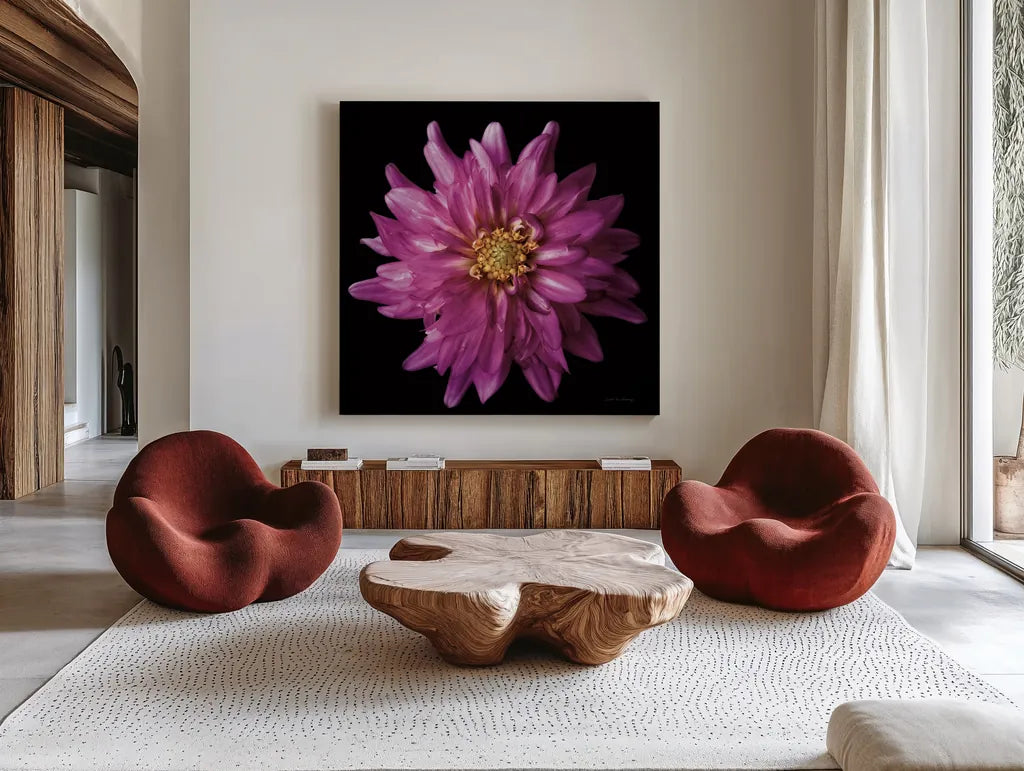 Dahlia V by Debra Van Swearingen. Shown as extra-large giant wall art in a modern living room. Available as an archival giclee rolled canvas, fine art paper, or poster print. SKU 89720a.