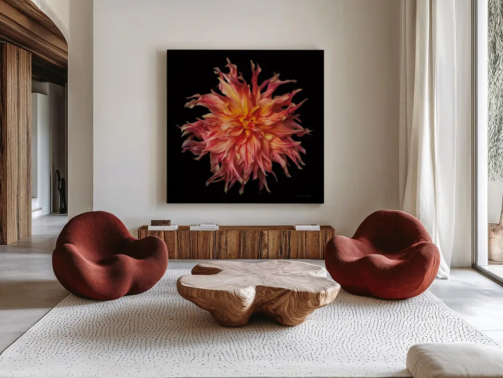 Dahlia VI by Debra Van Swearingen. Shown as extra-large giant wall art in a modern living room. Available as an archival giclee rolled canvas, fine art paper, or poster print. SKU 89721a.