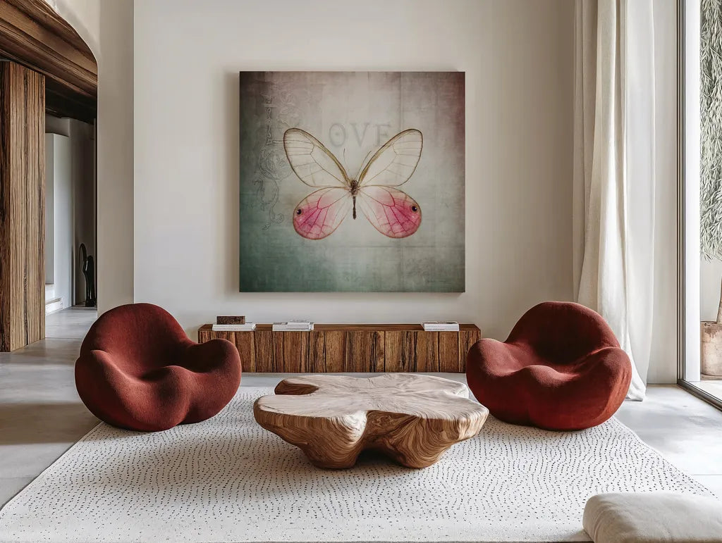 French Butterfly I by Debra Van Swearingen. Shown as extra-large giant wall art in a modern living room. Available as an archival giclee rolled canvas, fine art paper, or poster print. SKU 25769a.