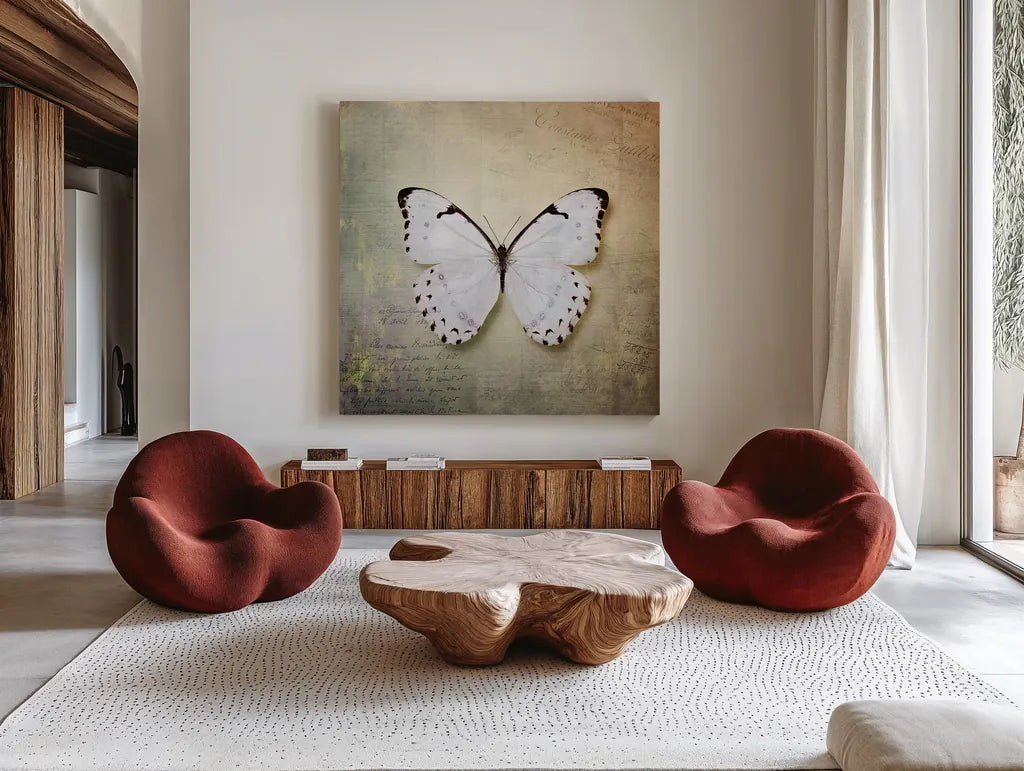 French Butterfly II by Debra Van Swearingen. Shown as extra-large giant wall art in a modern living room. Available as an archival giclee rolled canvas, fine art paper, or poster print. SKU 25770a.