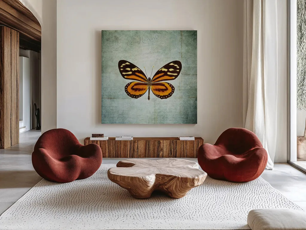 French Butterfly VIII by Debra Van Swearingen. Shown as extra-large giant wall art in a modern living room. Available as an archival giclee rolled canvas, fine art paper, or poster print. SKU 25776a.