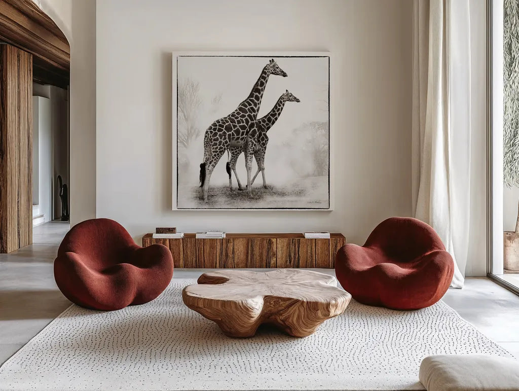 Giraffe II by Debra Van Swearingen. Shown as extra-large giant wall art in a modern living room. Available as an archival giclee rolled canvas, fine art paper, or poster print. SKU 17950a.