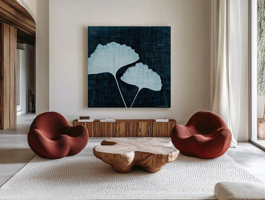 Leaves on Linen I by Debra Van Swearingen. Shown as extra-large giant wall art in a modern living room. Available as an archival giclee rolled canvas, fine art paper, or poster print. SKU 19426a.