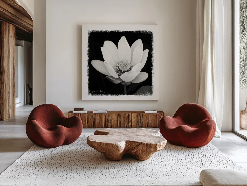 Lotus Flower I by Debra Van Swearingen. Shown as extra-large giant wall art in a modern living room. Available as an archival giclee rolled canvas, fine art paper, or poster print. SKU 11703a.