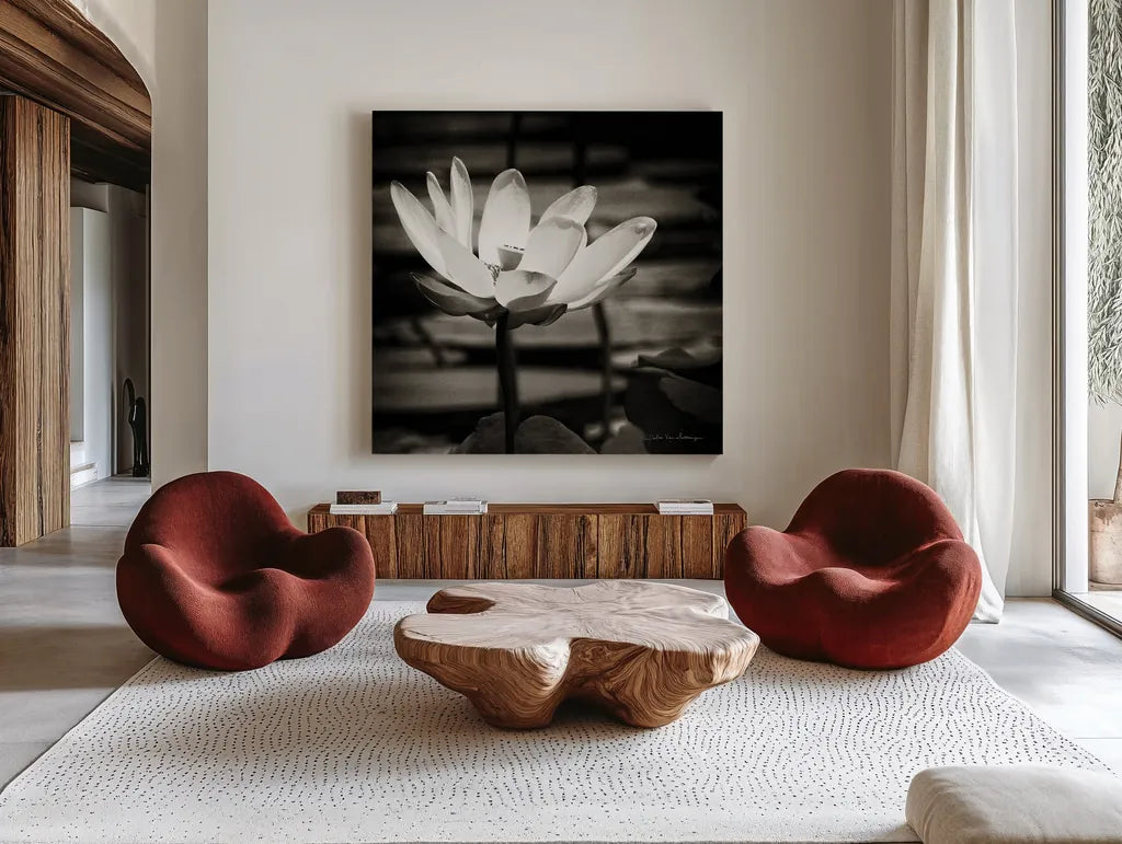 Lotus Flower VIII Sq by Debra Van Swearingen. Shown as extra-large giant wall art in a modern living room. Available as an archival giclee rolled canvas, fine art paper, or poster print. SKU 11802a.