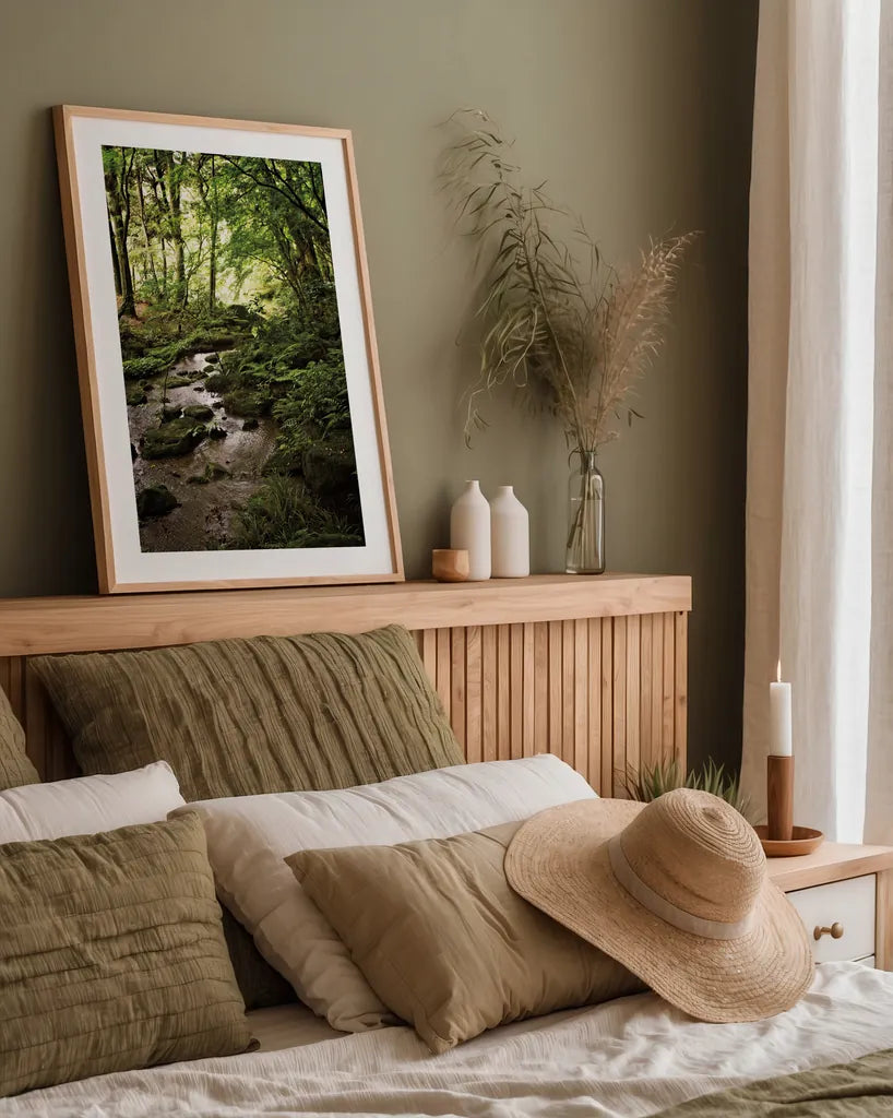 Lush Creek in Forest by Debra Van Swearingen. shown as a paper print in a natural frame. Available as a archival giclee rolled canvas, fine art paper, or poster print. SKU 55152h.