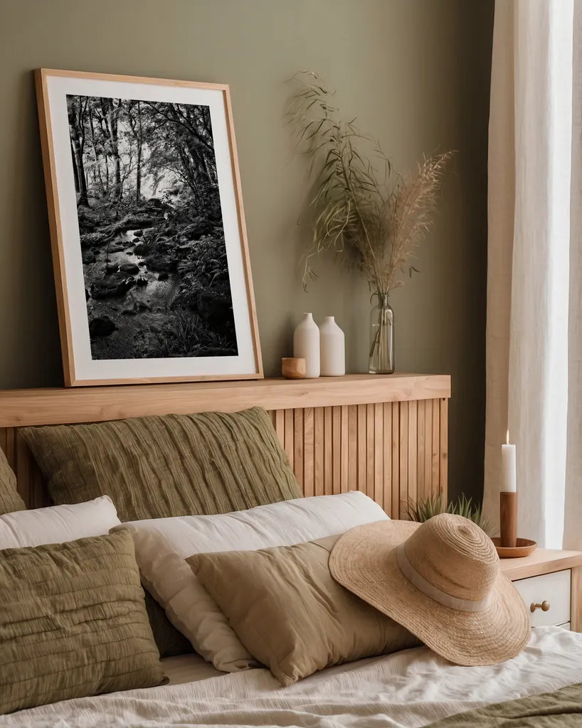 Lush Creek in Forest BW by Debra Van Swearingen. shown as a paper print in a natural frame. Available as a archival giclee rolled canvas, fine art paper, or poster print. SKU 55153h.