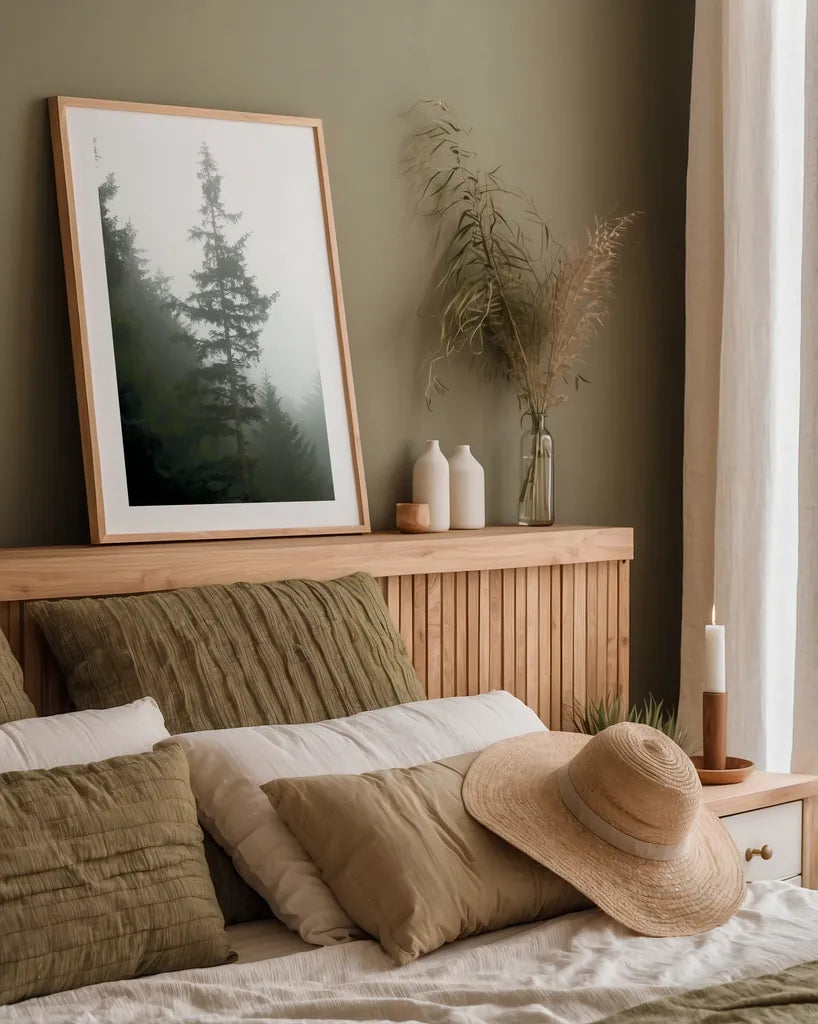 Majestic Pines I by Debra Van Swearingen. shown as a paper print in a natural frame. Available as a archival giclee rolled canvas, fine art paper, or poster print. SKU 77358h.