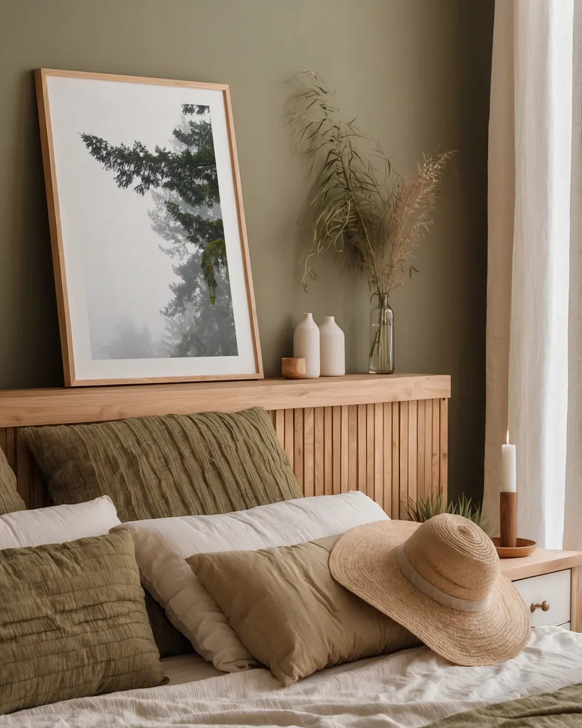 Majestic Pines II by Debra Van Swearingen. shown as a paper print in a natural frame. Available as a archival giclee rolled canvas, fine art paper, or poster print. SKU 77359h.