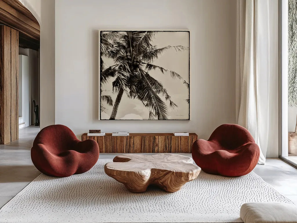 Palm Tree Sepia II by Debra Van Swearingen. Shown as extra-large giant wall art in a modern living room. Available as an archival giclee rolled canvas, fine art paper, or poster print. SKU 42500a.