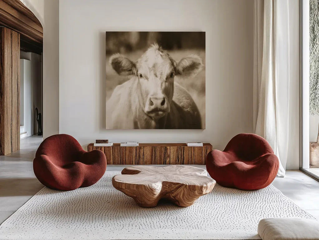 Pasture Cow Sepia Sq by Debra Van Swearingen. Shown as extra-large giant wall art in a modern living room. Available as an archival giclee rolled canvas, fine art paper, or poster print. SKU 79220a.