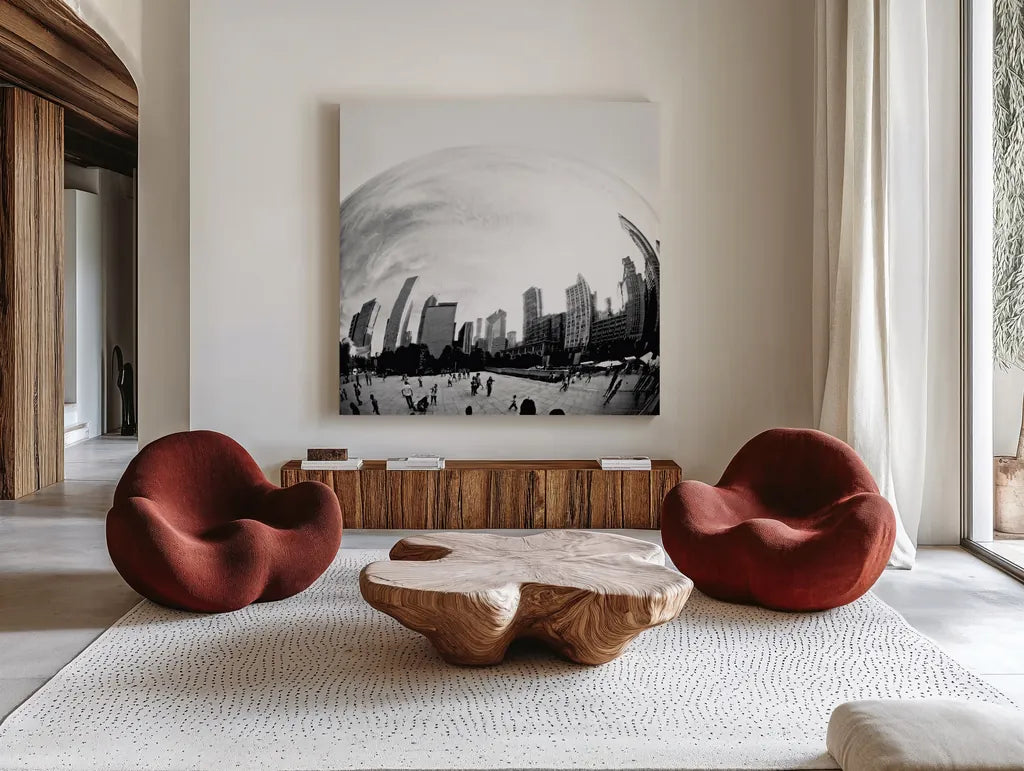 The Bean Chicago Bold Sq by Debra Van Swearingen. Shown as extra-large giant wall art in a modern living room. Available as an archival giclee rolled canvas, fine art paper, or poster print. SKU 64604a.