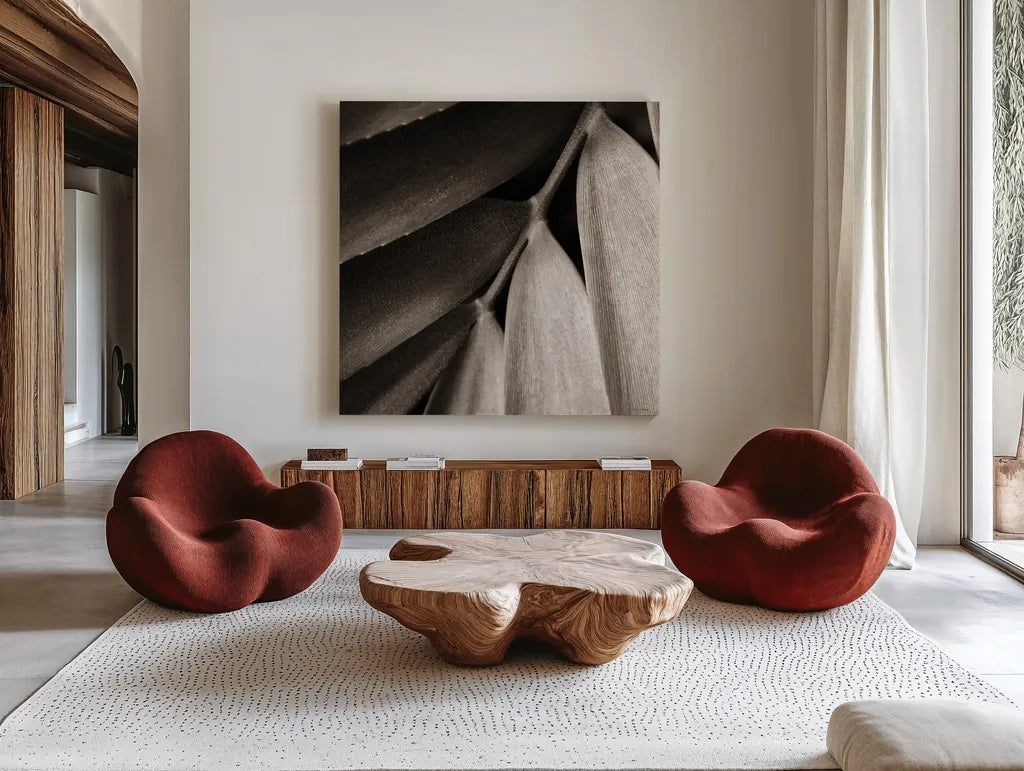 Tropical Plant II Crop by Debra Van Swearingen. Shown as extra-large giant wall art in a modern living room. Available as an archival giclee rolled canvas, fine art paper, or poster print. SKU 23500a.