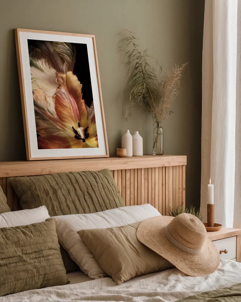 Tulip Detail IV by Debra Van Swearingen. shown as a paper print in a natural frame. Available as a archival giclee rolled canvas, fine art paper, or poster print. SKU 84234h.