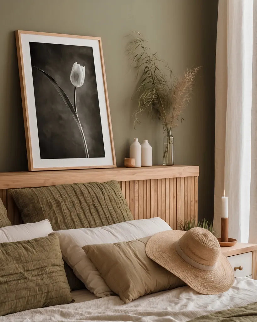 Two Tone Tulips II by Debra Van Swearingen. shown as a paper print in a natural frame. Available as a archival giclee rolled canvas, fine art paper, or poster print. SKU 19434h.