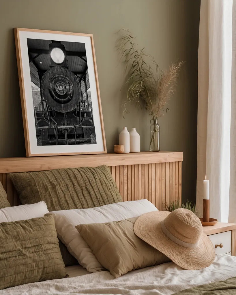 Vintage Train I BW by Debra Van Swearingen. shown as a paper print in a natural frame. Available as a archival giclee rolled canvas, fine art paper, or poster print. SKU 88463h.