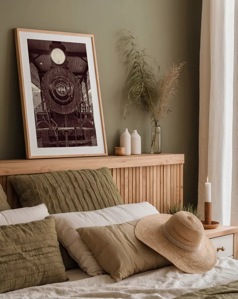 Vintage Train I Sepia by Debra Van Swearingen. shown as a paper print in a natural frame. Available as a archival giclee rolled canvas, fine art paper, or poster print. SKU 88466h.