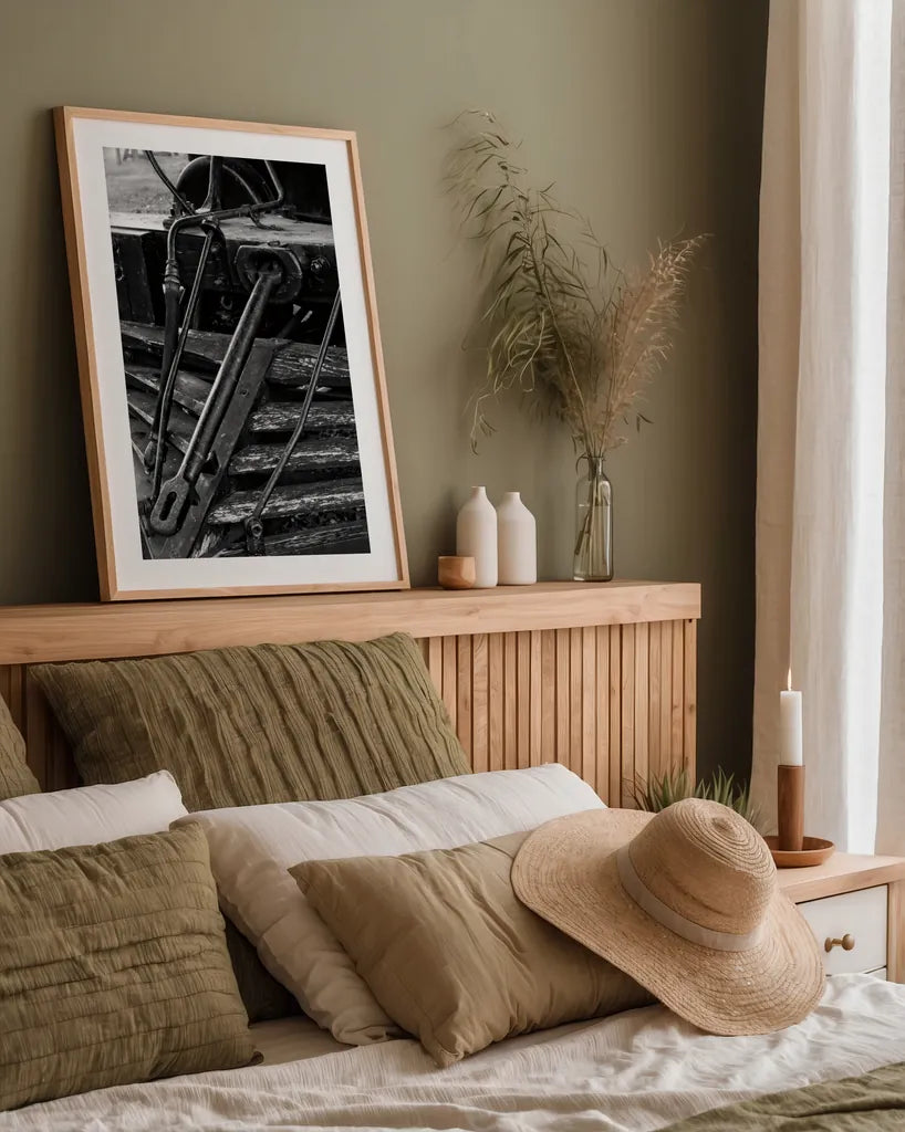 Vintage Train III BW by Debra Van Swearingen. shown as a paper print in a natural frame. Available as a archival giclee rolled canvas, fine art paper, or poster print. SKU 88465h.