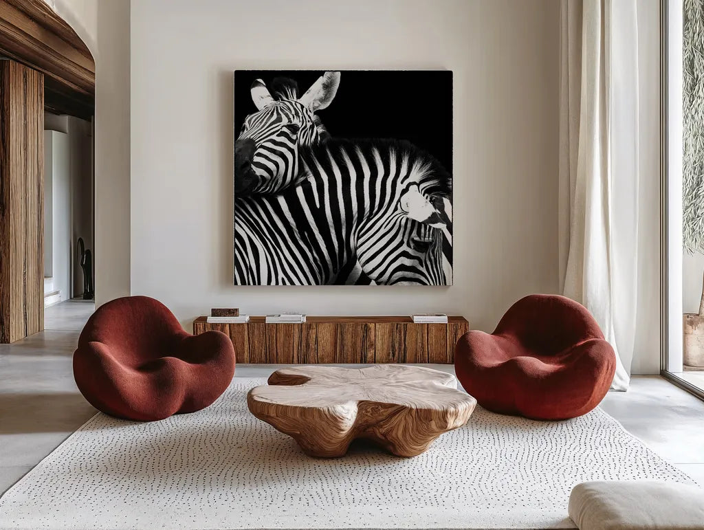 Zebra VI by Debra Van Swearingen. Shown as extra-large giant wall art in a modern living room. Available as an archival giclee rolled canvas, fine art paper, or poster print. SKU 19454a.