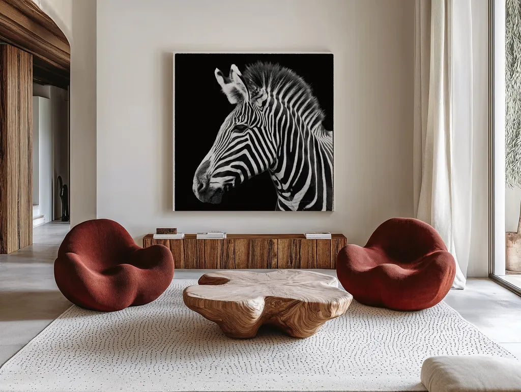 Zebra VII by Debra Van Swearingen. Shown as extra-large giant wall art in a modern living room. Available as an archival giclee rolled canvas, fine art paper, or poster print. SKU 19455a.