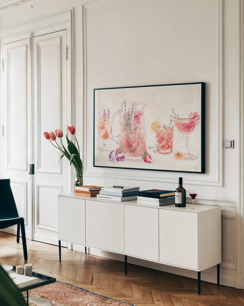 Classy Cocktails I by Dina June. shown as a framed stretched canvas in a living room above a console. Available as a archival giclee rolled canvas, fine art paper, or poster print. SKU 69234i.