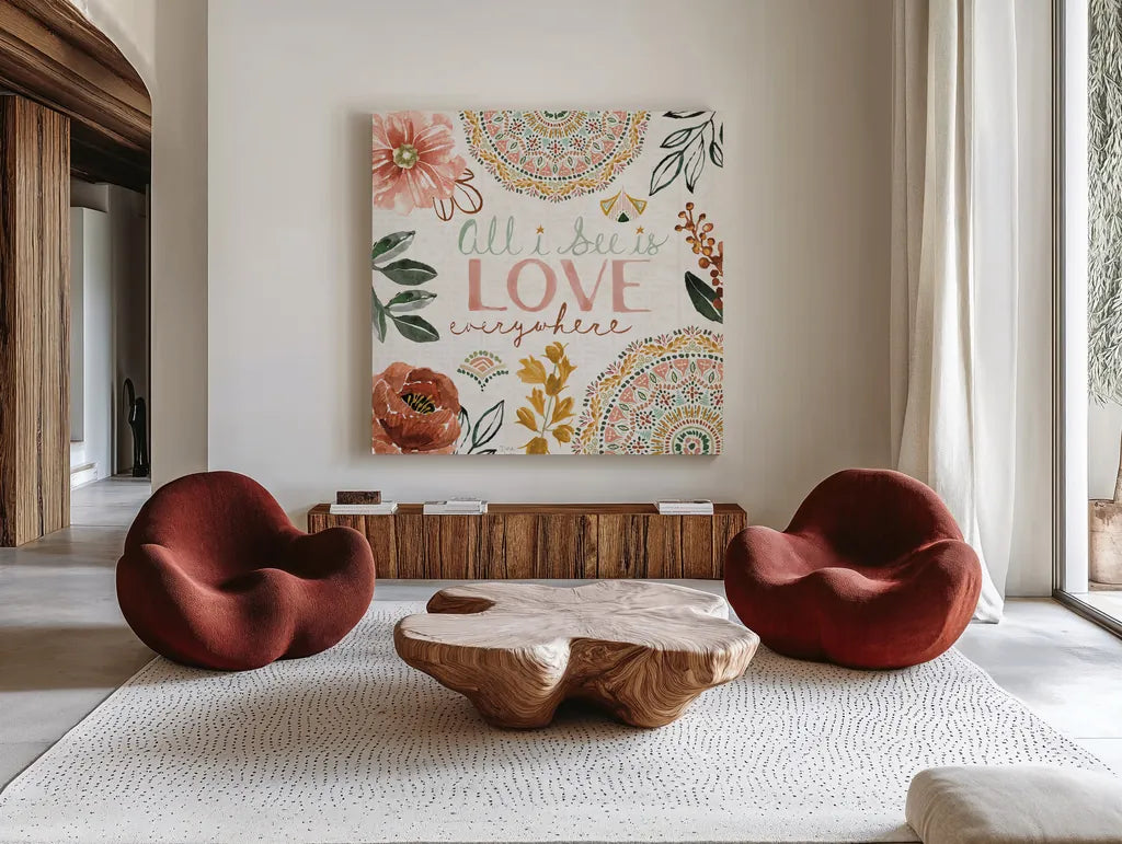 Floral Chic VI Love by Dina June. Shown as extra-large giant wall art in a modern living room. Available as an archival giclee rolled canvas, fine art paper, or poster print. SKU 87370a.