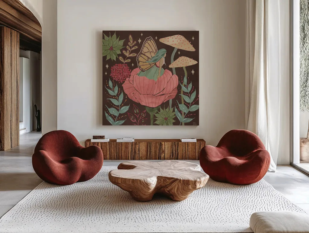 Floralscape Fairies II Dark by Dina June. Shown as extra-large giant wall art in a modern living room. Available as an archival giclee rolled canvas, fine art paper, or poster print. SKU 88926a.
