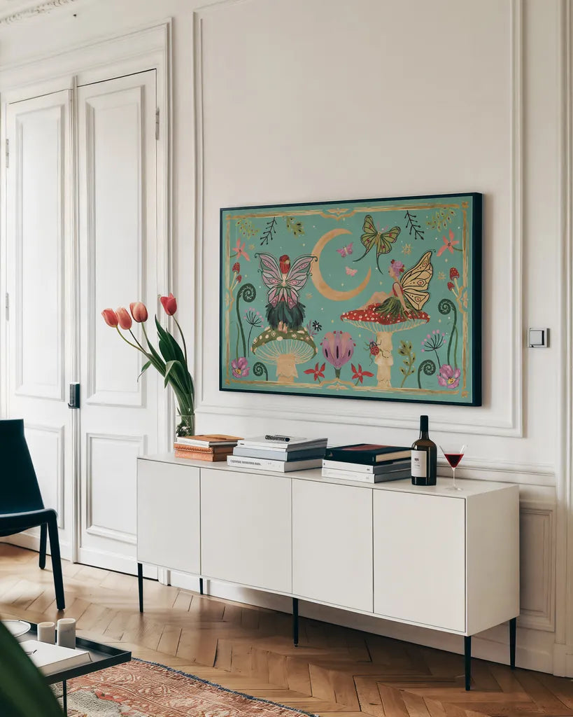 Garden Of Wonder I by Dina June. shown as a framed stretched canvas in a living room above a console. Available as a archival giclee rolled canvas, fine art paper, or poster print. SKU 84753i.