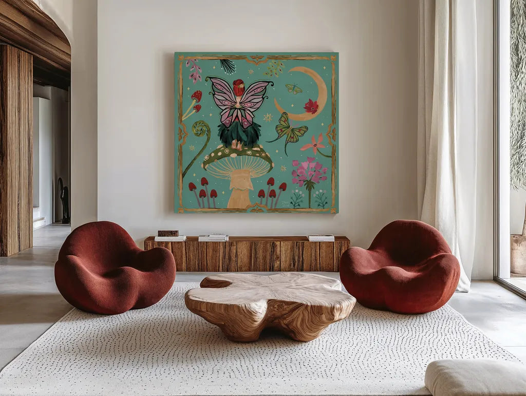 Garden Of Wonder II by Dina June. Shown as extra-large giant wall art in a modern living room. Available as an archival giclee rolled canvas, fine art paper, or poster print. SKU 84754a.
