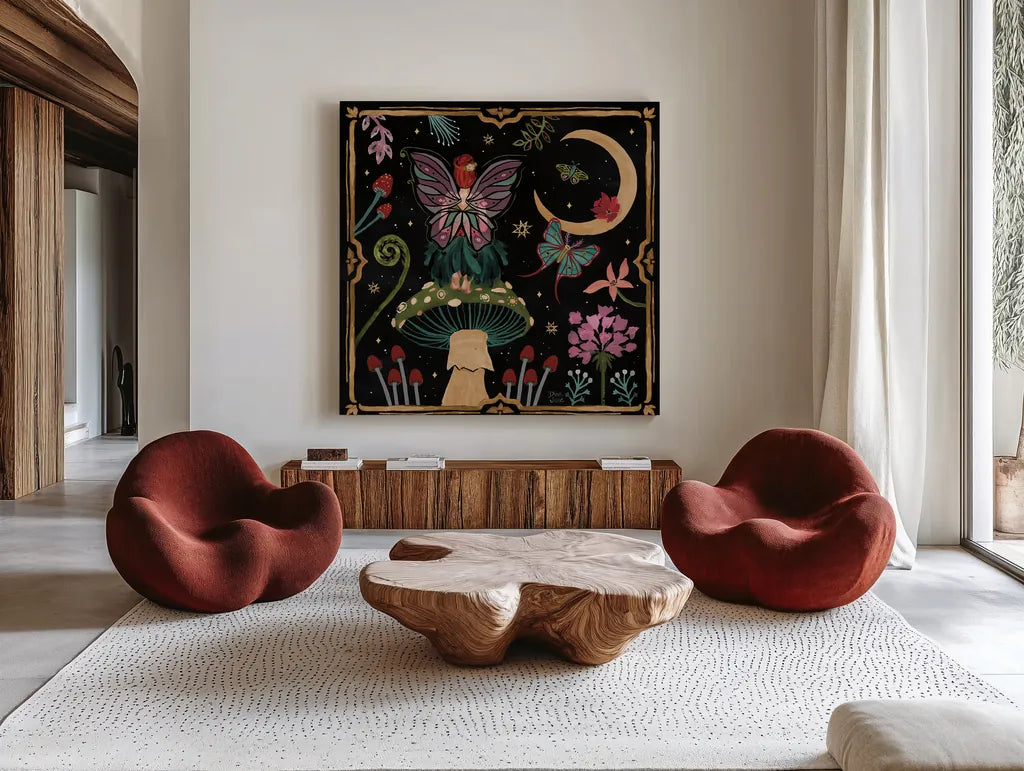 Garden Of Wonder II Dark by Dina June. Shown as extra-large giant wall art in a modern living room. Available as an archival giclee rolled canvas, fine art paper, or poster print. SKU 84759a.