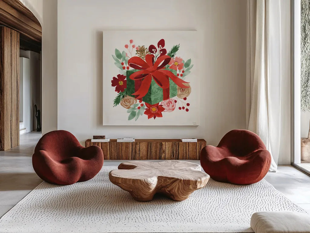 Holiday Harmony I by Dina June. Shown as extra-large giant wall art in a modern living room. Available as an archival giclee rolled canvas, fine art paper, or poster print. SKU 102164a.
