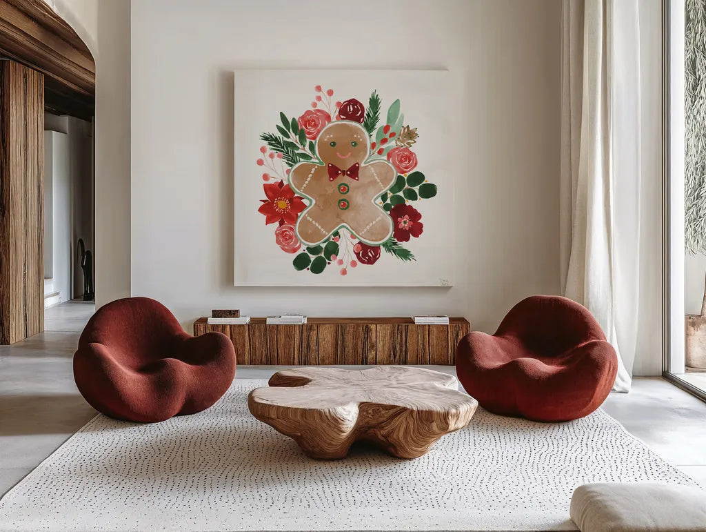Holiday Harmony II by Dina June. Shown as extra-large giant wall art in a modern living room. Available as an archival giclee rolled canvas, fine art paper, or poster print. SKU 102165a.